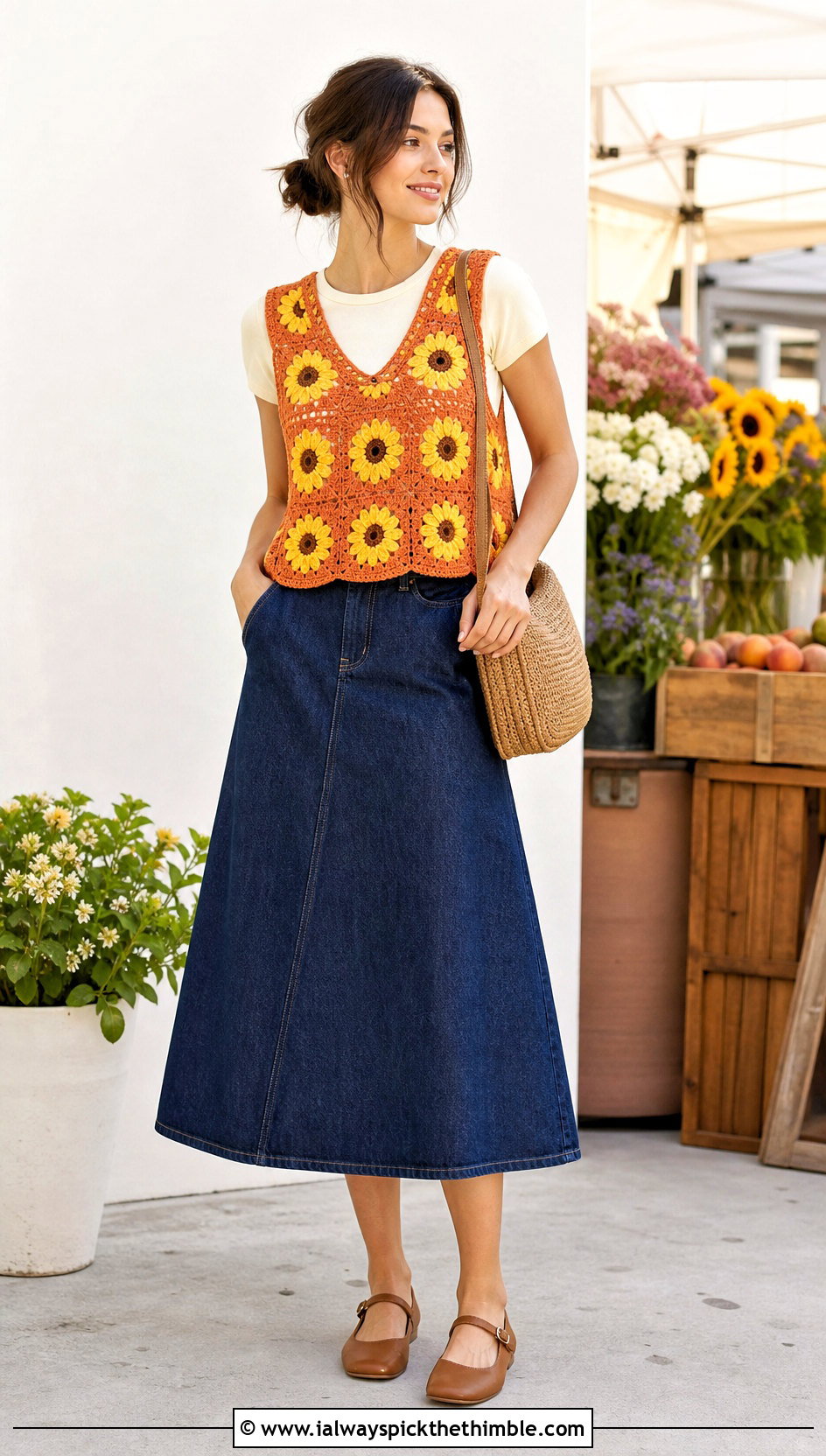 Sunflower Granny Square Sweater Vest With Denim Midi Skirt - 25 granny square sweater vest outfit ideas