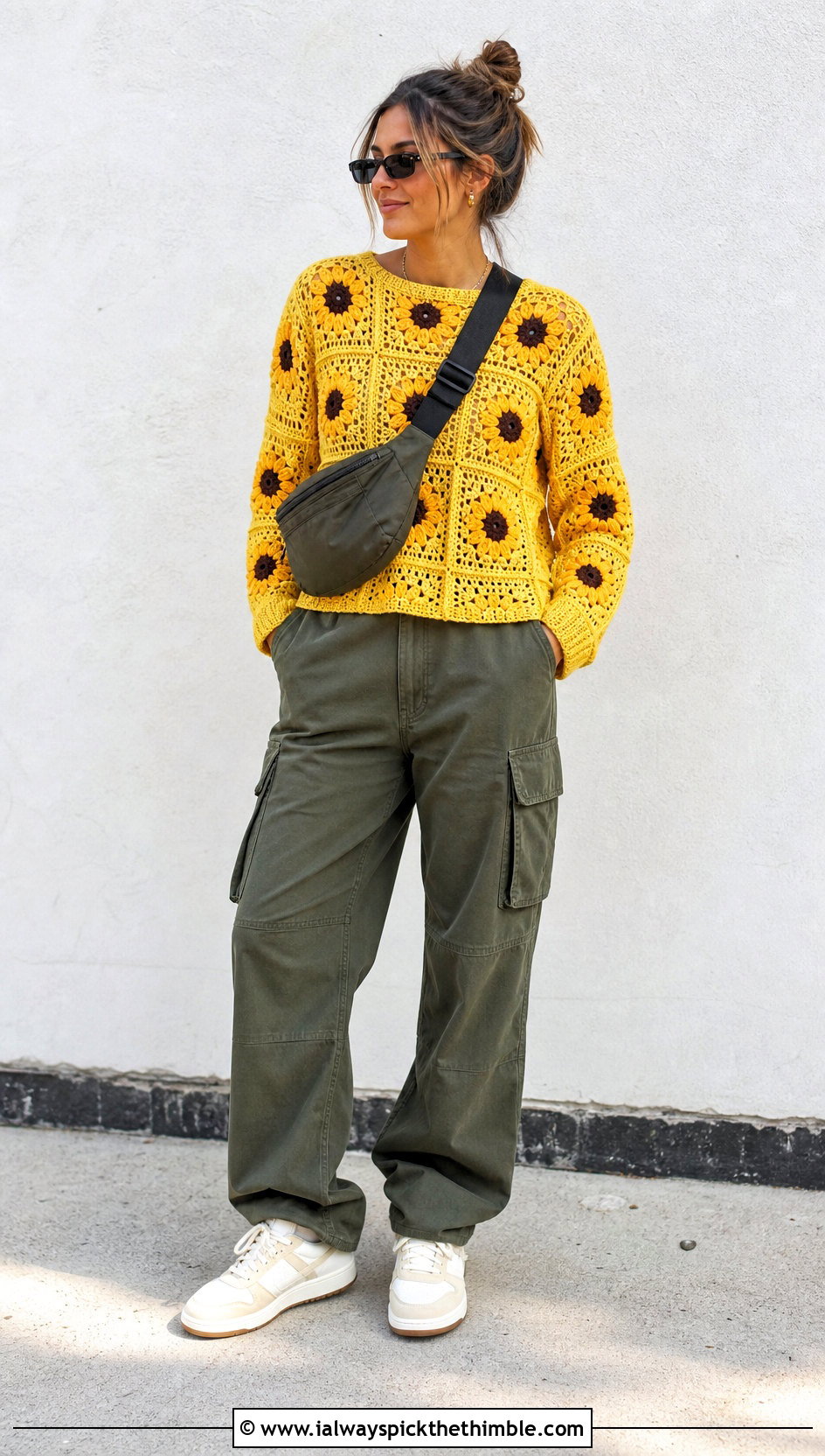 Sunflower Granny Square Sweater With Cargo Pants - 25 crochet sweater with flowers outfit ideas