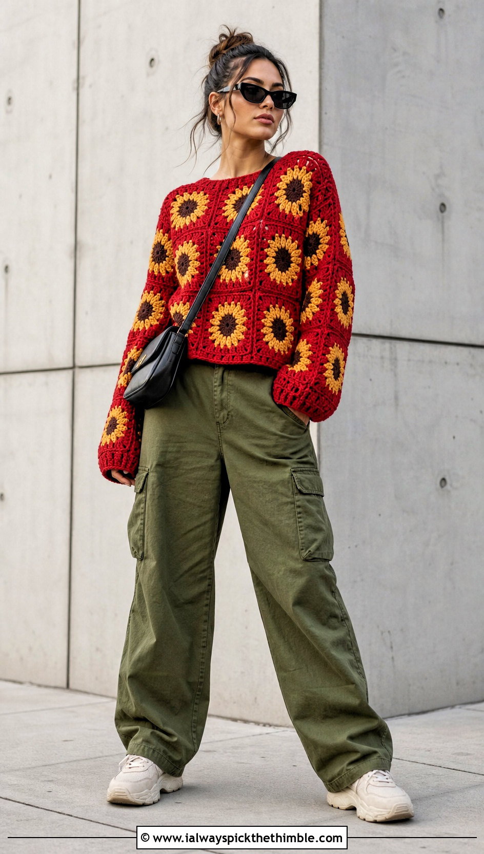 Sunflower Granny Square Sweater With Cargo Pants - 25 crochet granny square sweater outfit ideas