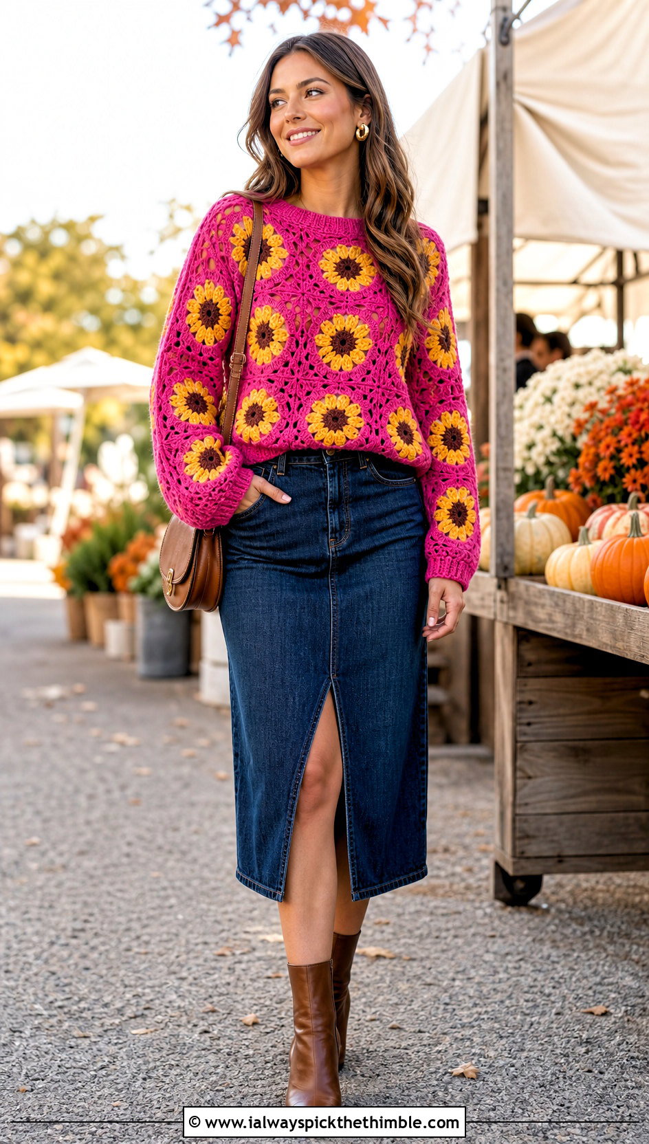 Sunflower Granny Square Sweater With Denim Midi Skirt - 25 4 Granny Square Sweater outfit ideas