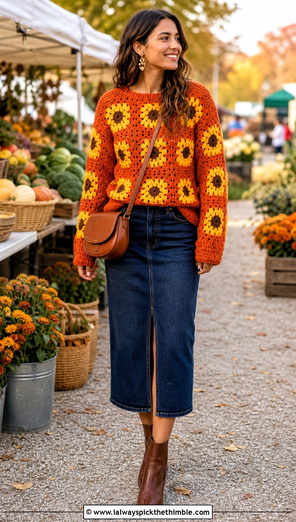 Sunflower Granny Square Sweater With Denim Midi Skirt - 25 granny square sweater outfit ideas