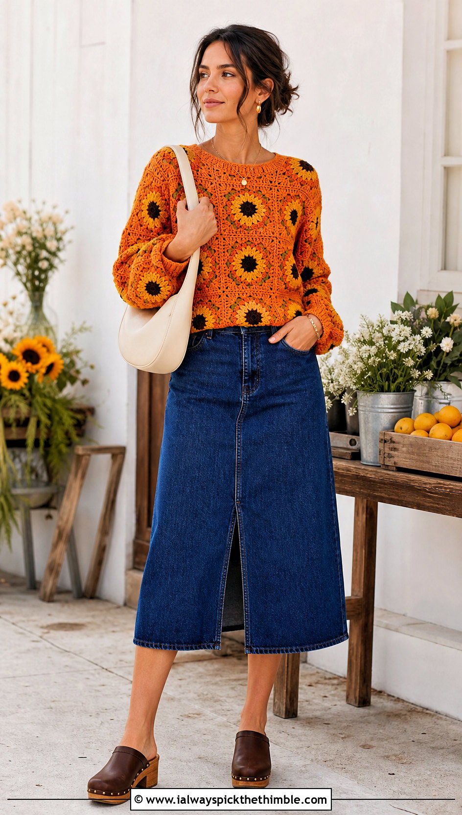 Sunflower Granny Square Sweater With Denim Midi Skirt - 15 floral crochet sweater style outfit ideas