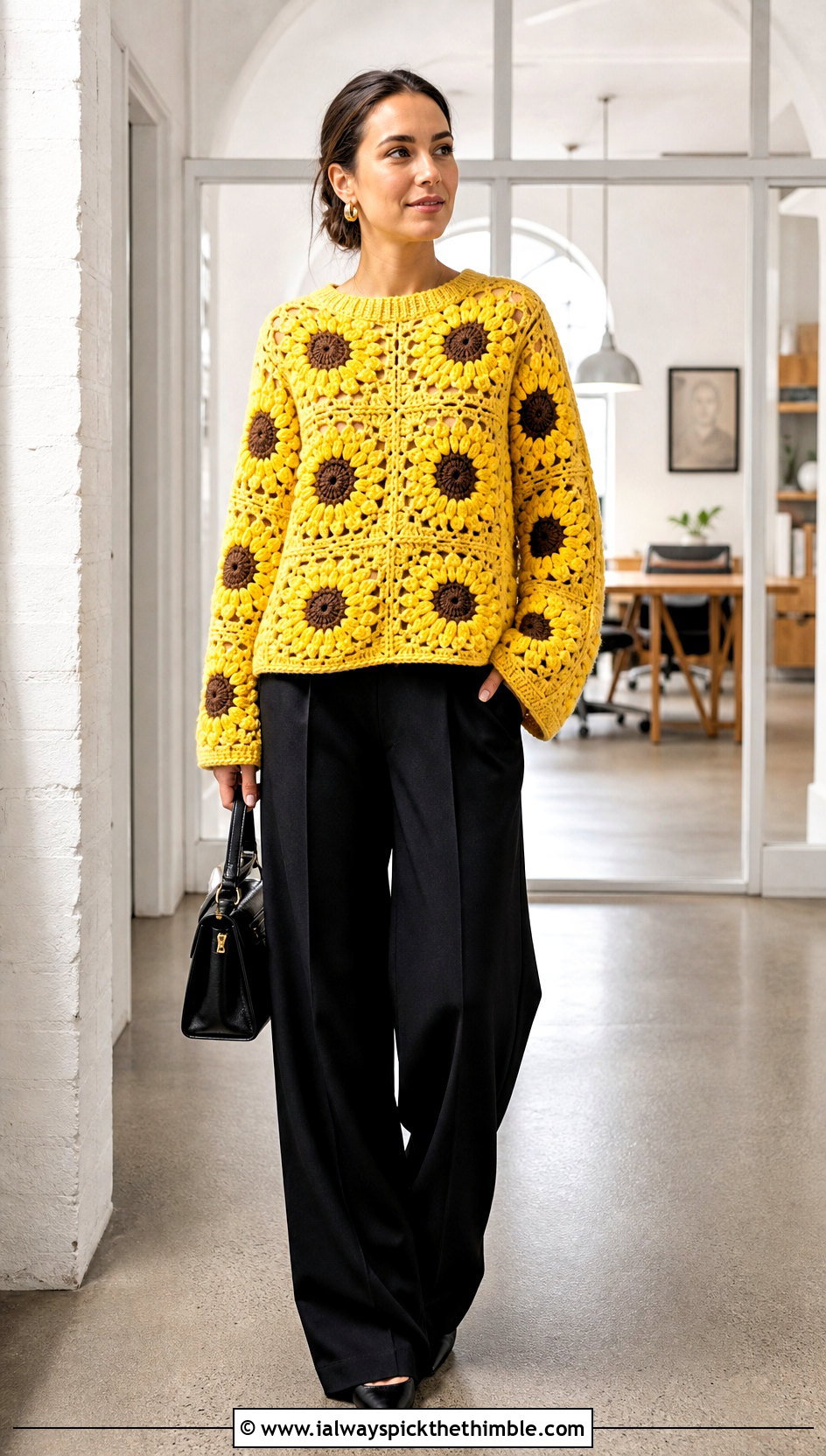 Sunflower Granny Square Sweater With Wide Leg Pants - 20 flower granny square sweater outfit ideas
