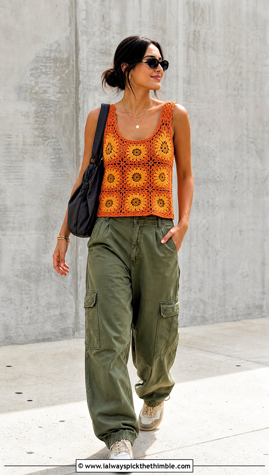 Sunflower Granny Square Tank Top With Cargo Pants - 20 crochet granny tank top outfit ideas