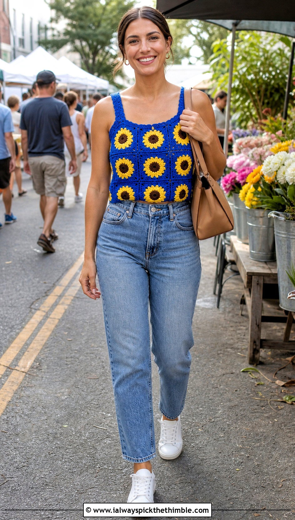 Sunflower Granny Square Tank Top With Straight Leg Jeans - 15 crochet sunflower tank top outfit ideas