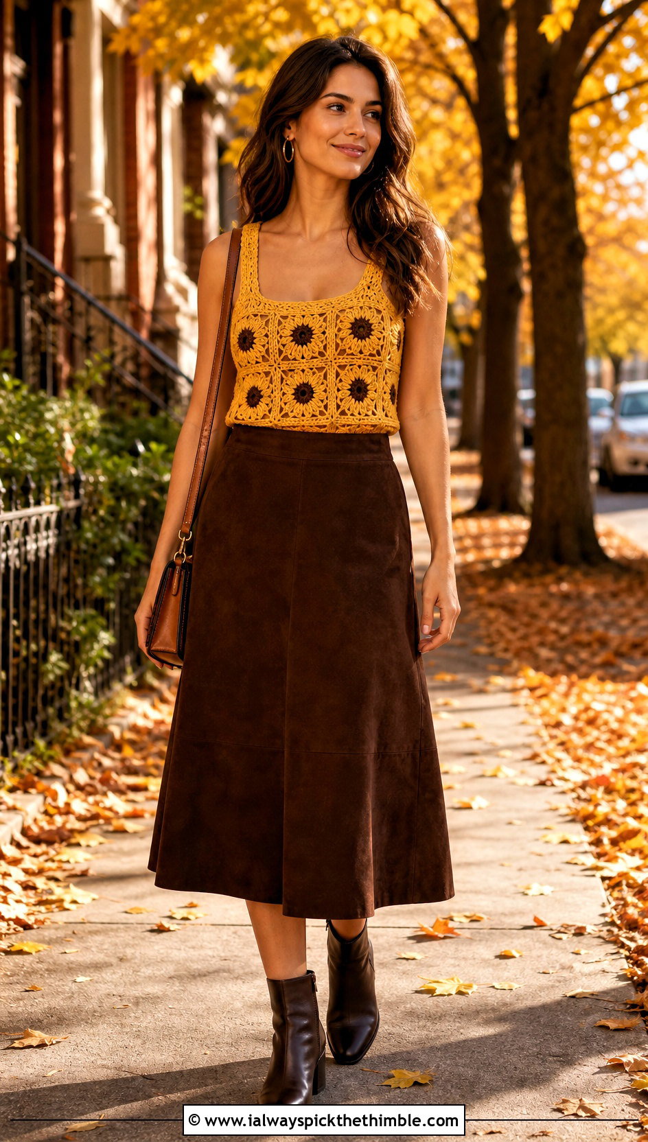 Sunflower Granny Square Tank With Suede Midi Skirt - 25 granny square tank outfit ideas