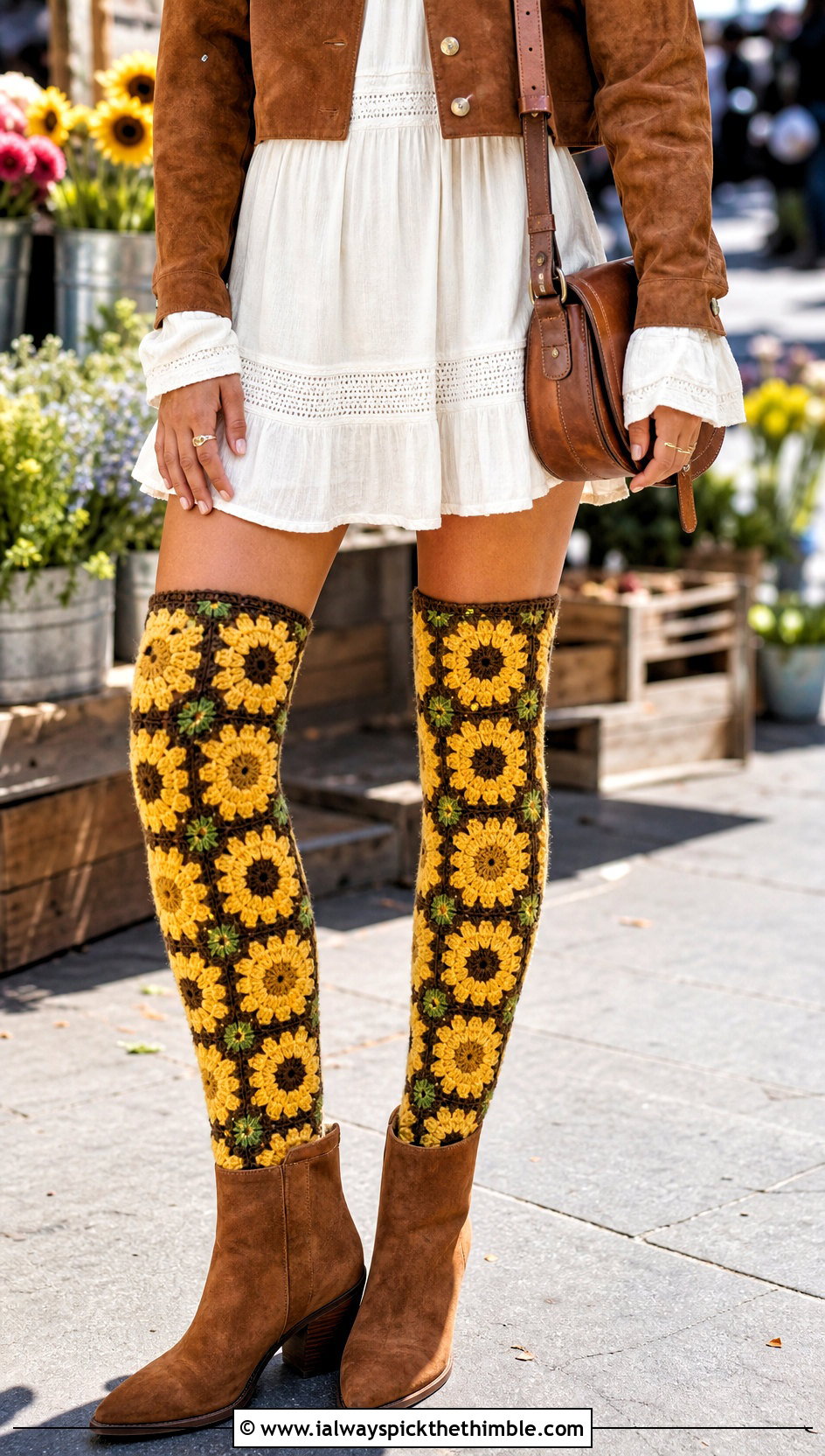 Sunflower Granny Square Thigh High Socks With Prairie Dress - 20 granny square thigh high socks outfit ideas