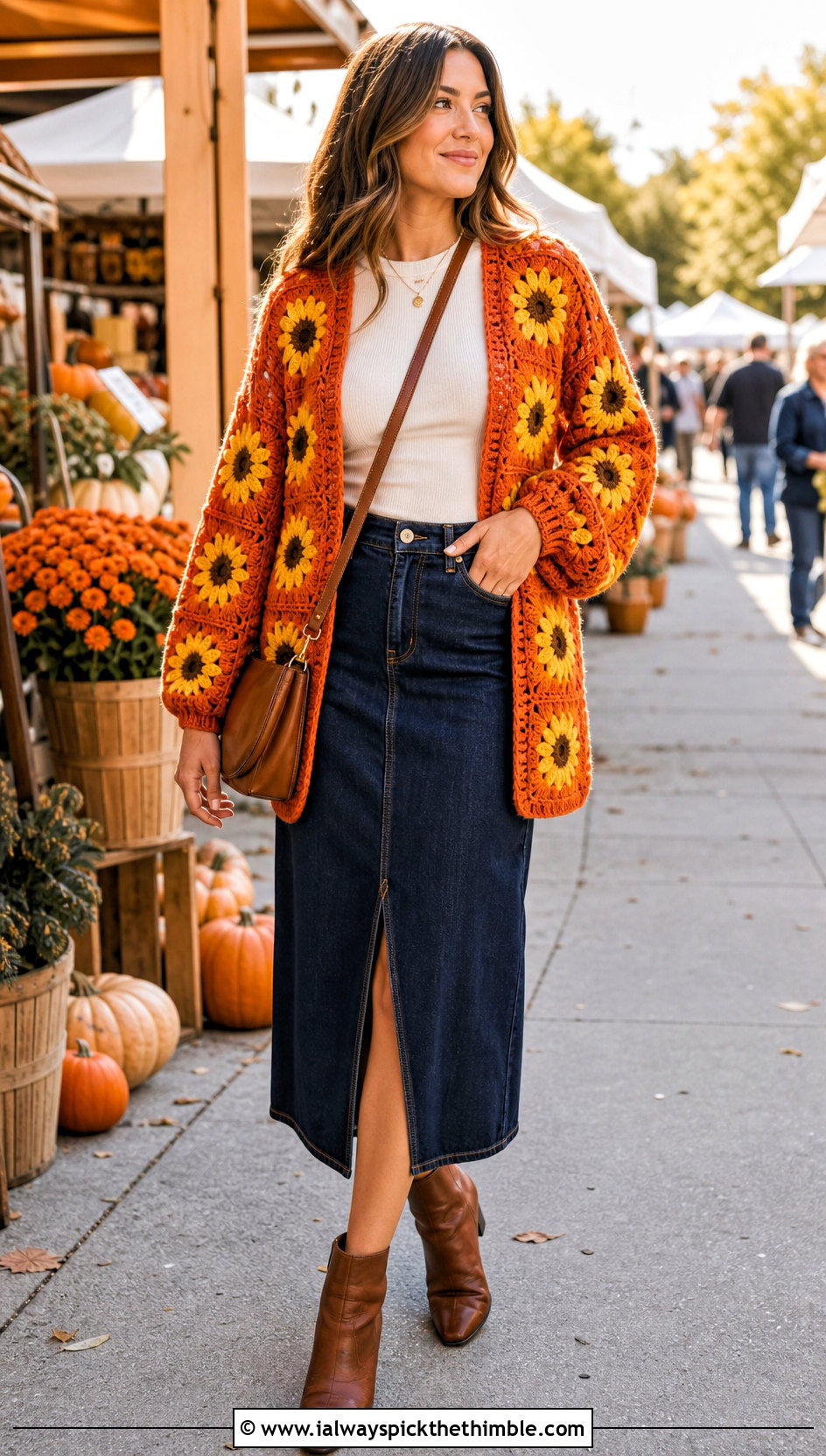 Sunflower Granny Square Tie Cardigan With Denim Midi Skirt - 20 Granny Square Tie Cardigan outfit ideas