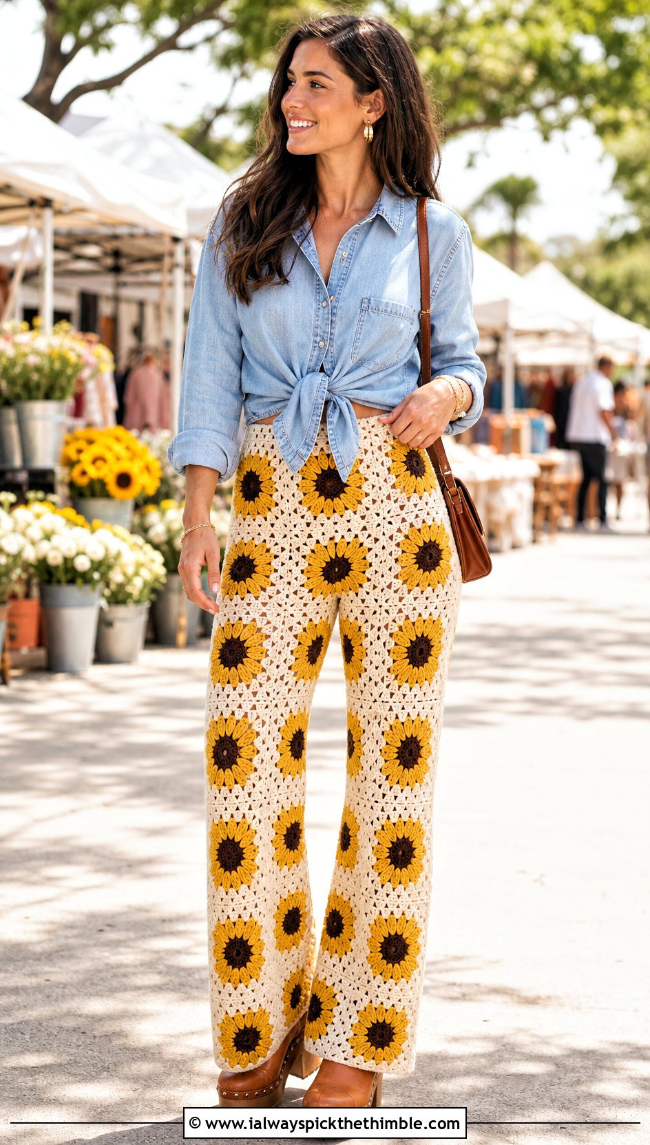 Sunflower Granny Square Trousers With Denim Shirt - 25 granny square trousers outfit ideas