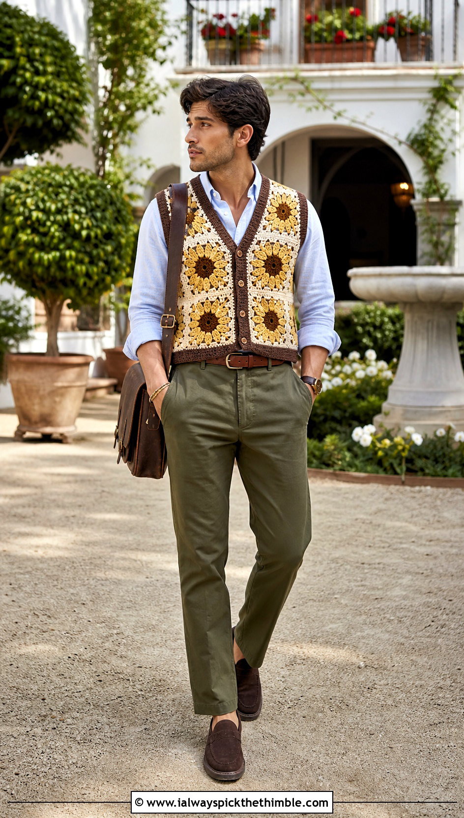 Sunflower Granny Square V Neck Vest With Oxford Shirt And Chinos - 20 crochet granny square mens vest outfit ideas