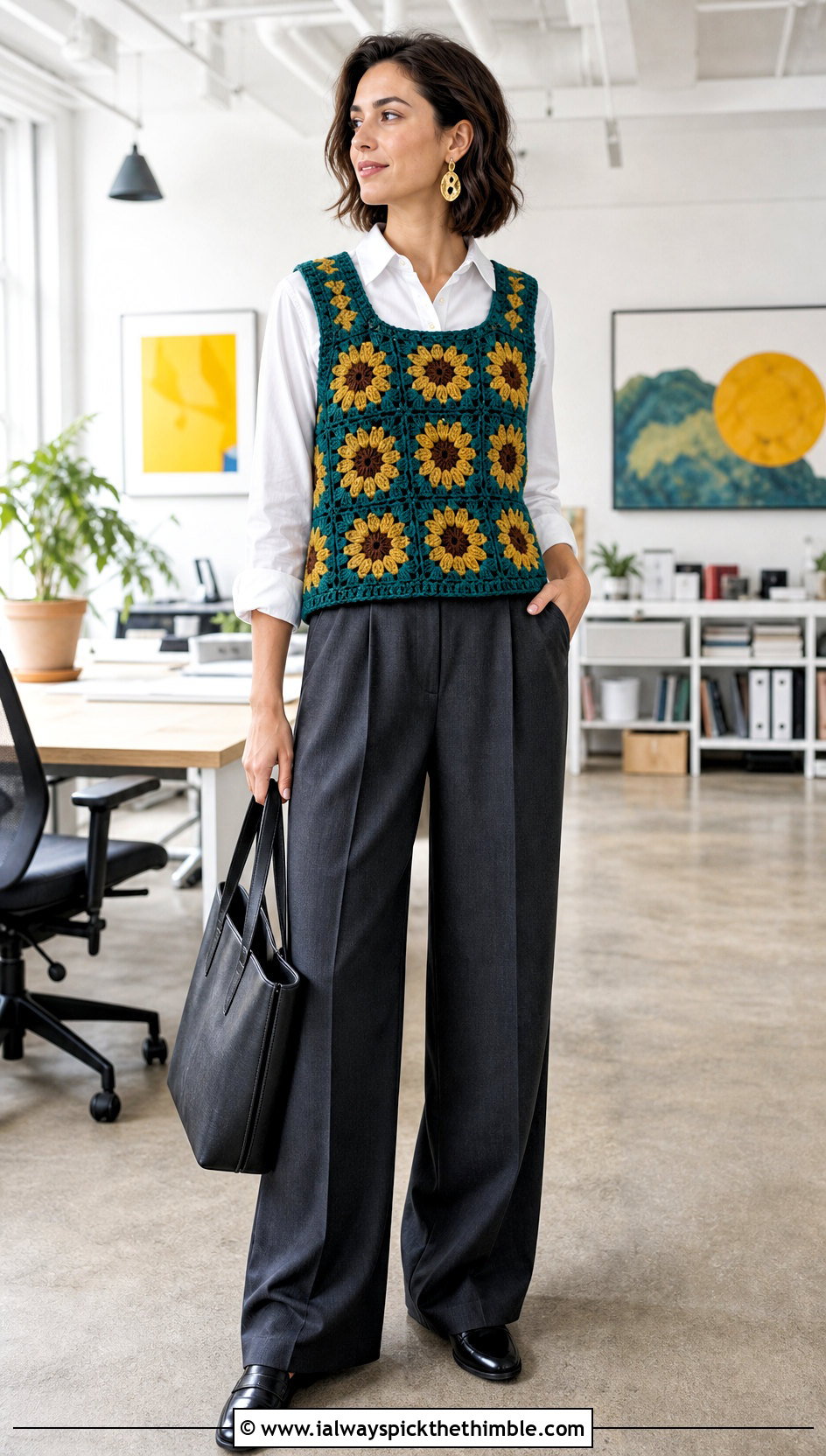 Sunflower Granny Square Vest Top With Tailored Trousers - 20 Sunflower Granny Square Top outfit ideas