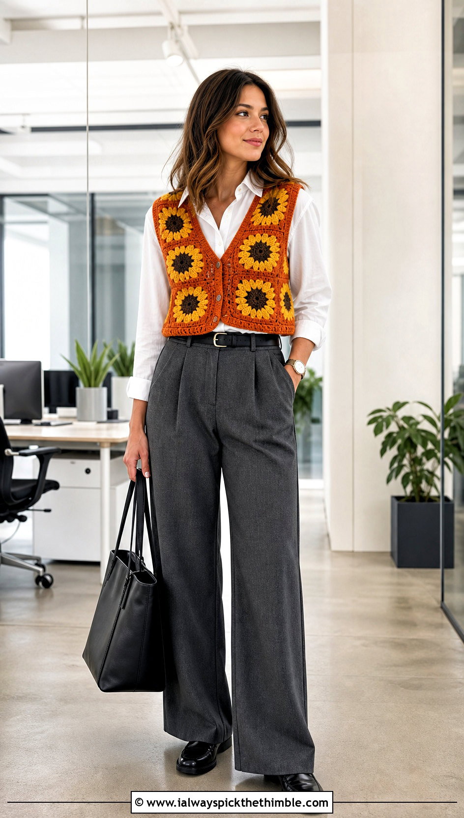 Sunflower Granny Square Vest With A White Shirt And Trousers - 15 Crochet Granny Square Vest outfit ideas