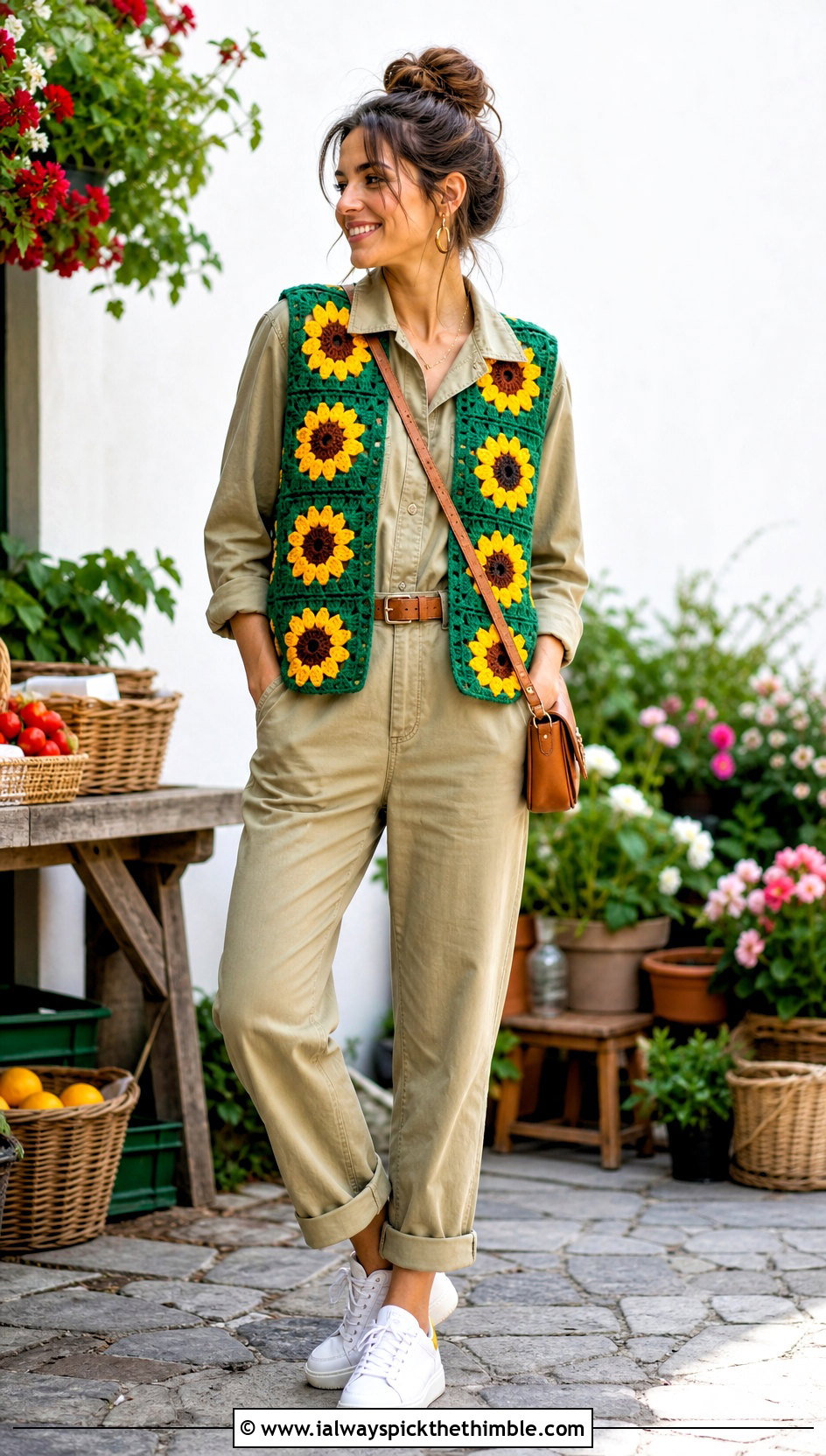 Sunflower Granny Square Vest With Utility Jumpsuit - 25 granny square vest outfit ideas