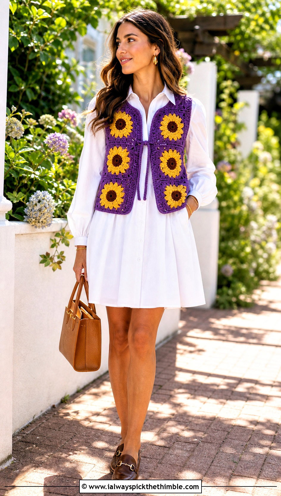 Sunflower Granny Square Vest With a White Shirt Dress - 20 Granny Squares Vest outfit ideas