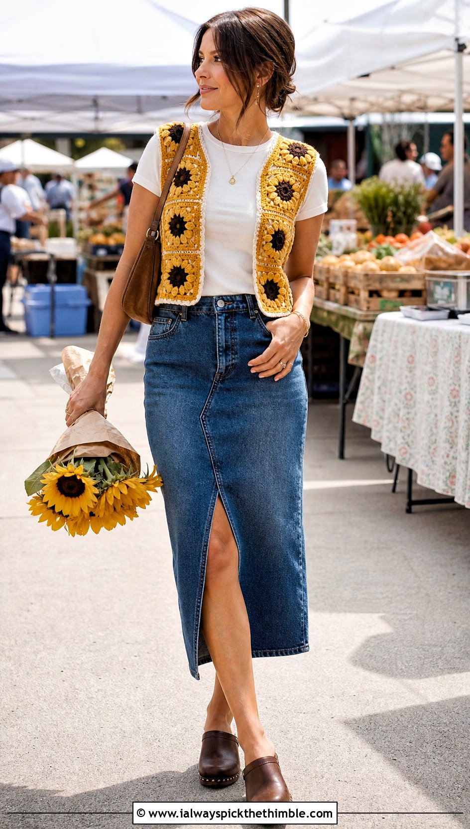 Sunflower Granny Square Waistcoat With Denim Midi Skirt - 20 crochet granny square waistcoat outfit ideas