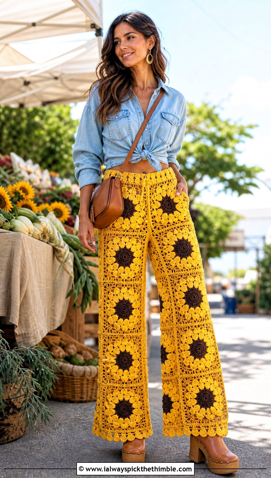 Sunflower Granny Square Wide Leg Pants With Denim Shirt And Clogs - 20 Granny Square Crochet Pants outfit ideas