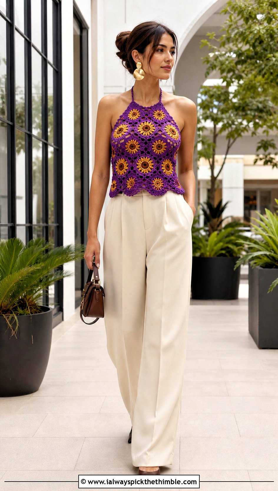 Sunflower Halter Tank Top With Wide Leg Trousers - 15 crochet sunflower tank top outfit ideas