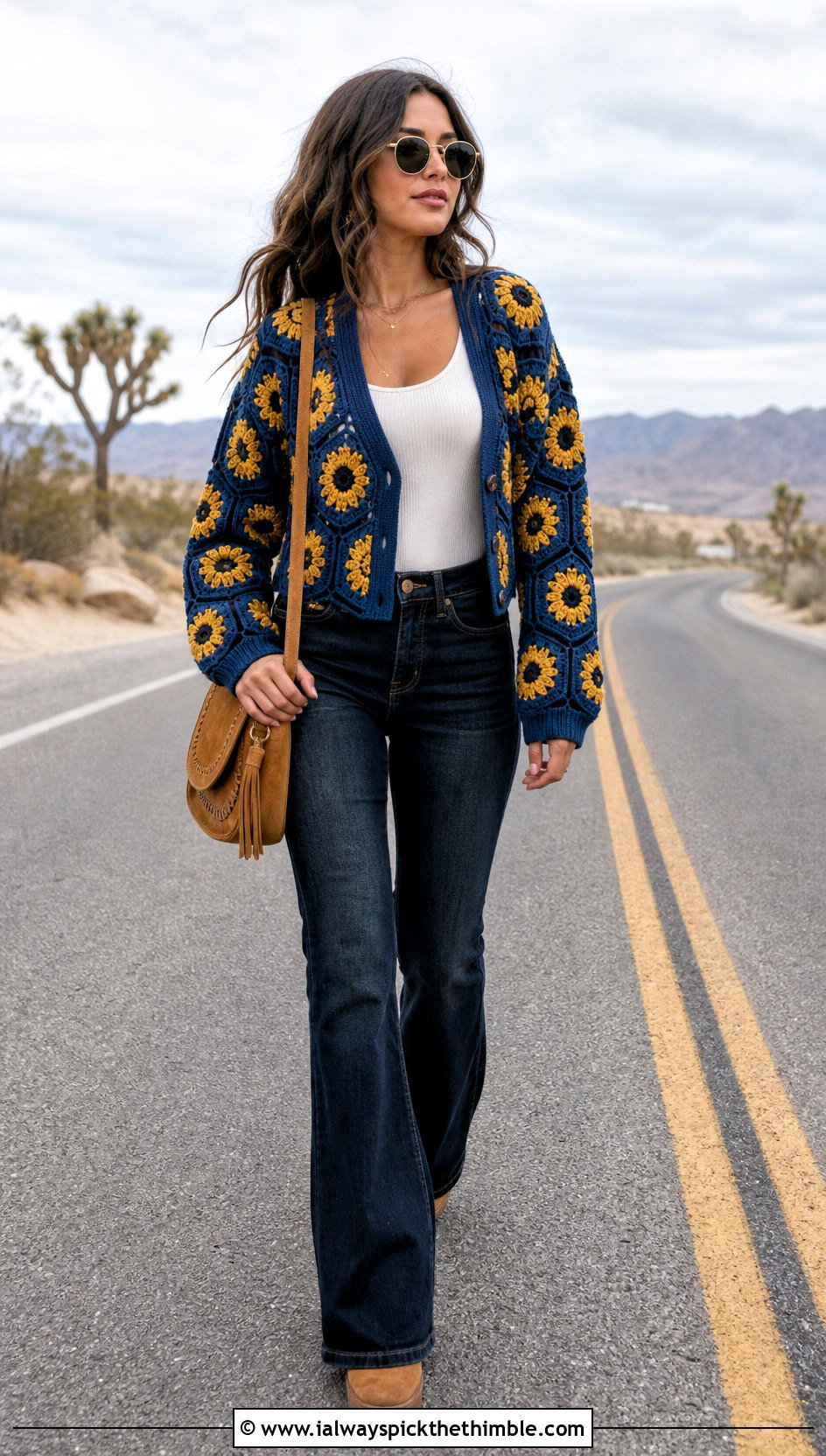 Sunflower Hexagon Cardigan With Flare Jeans - 25 crochet sunflower sweater outfit ideas
