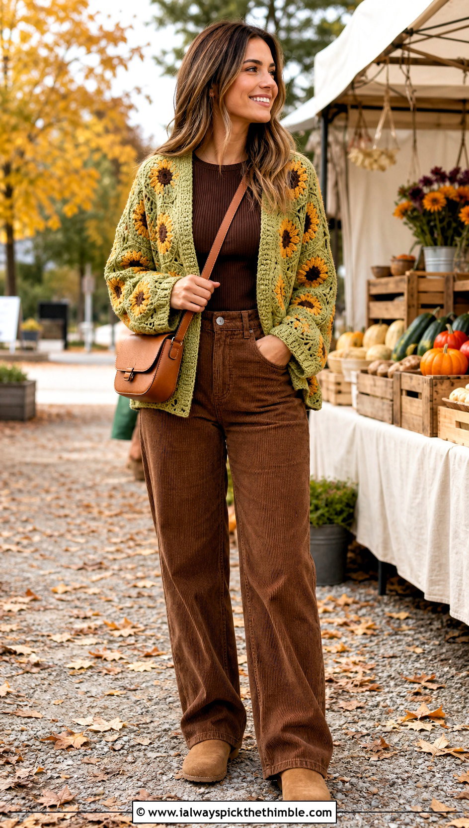 Sunflower Hexagon Granny Square Cardigan With Corduroy Pants - 25 hexagon granny square cardigan outfit ideas