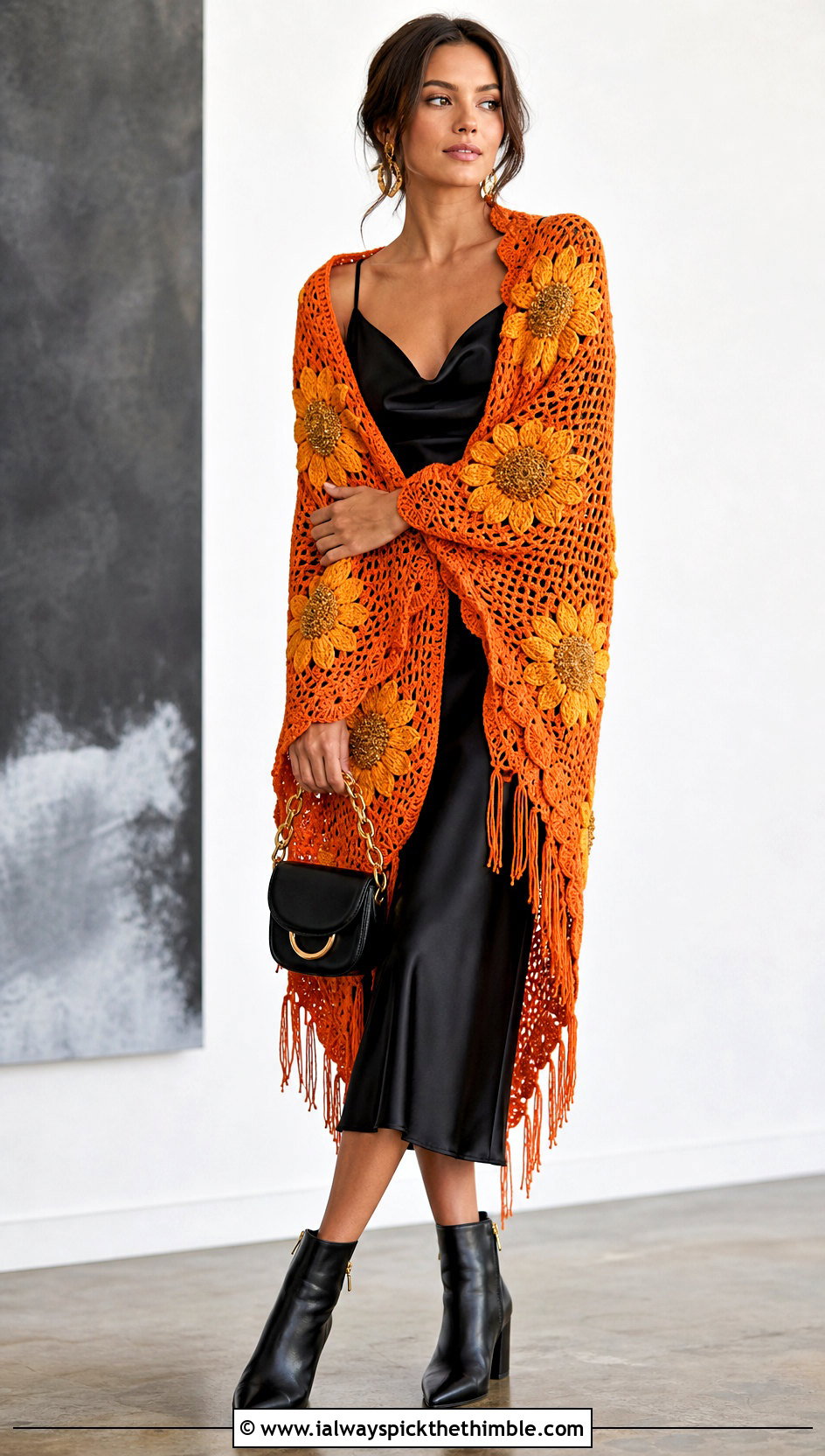 Sunflower Motif Rectangular Shawl With Black Slip Dress - 15 Crochet Flower Shawl outfit ideas