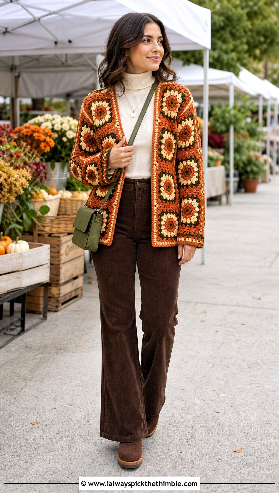 Sunflower One Granny Square Cardigan With Corduroy Pants - 20 One Granny Square Cardigan outfit ideas