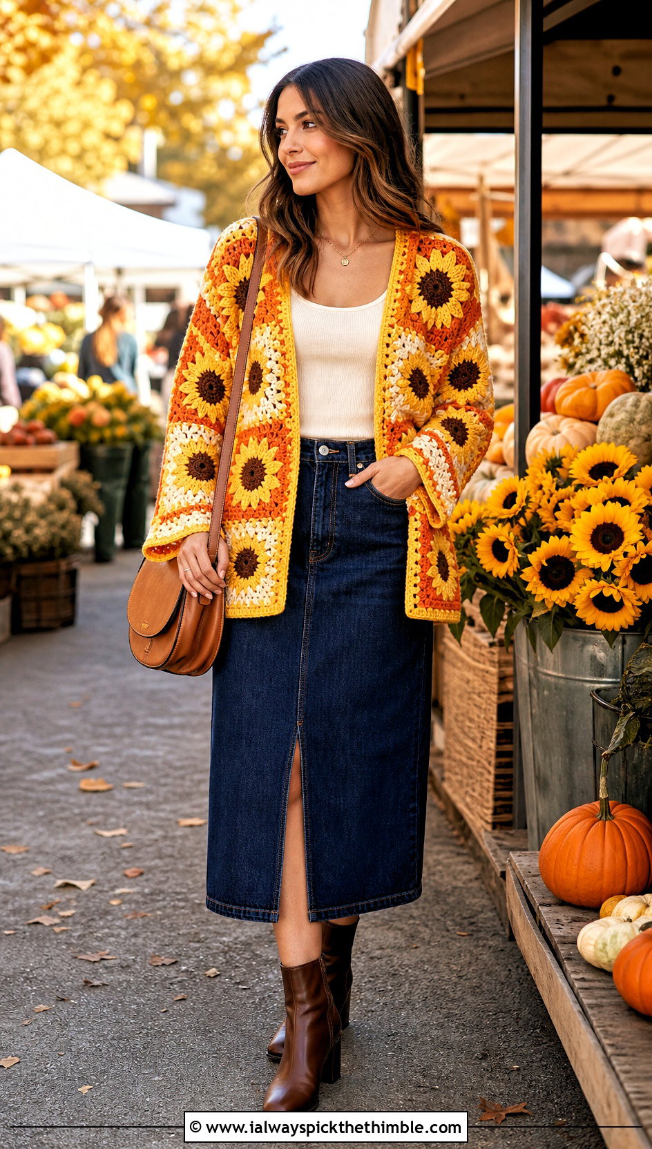 Sunflower Patchwork Cardigan With Denim Midi Skirt - 20 crochet patch work cardigan outfit ideas