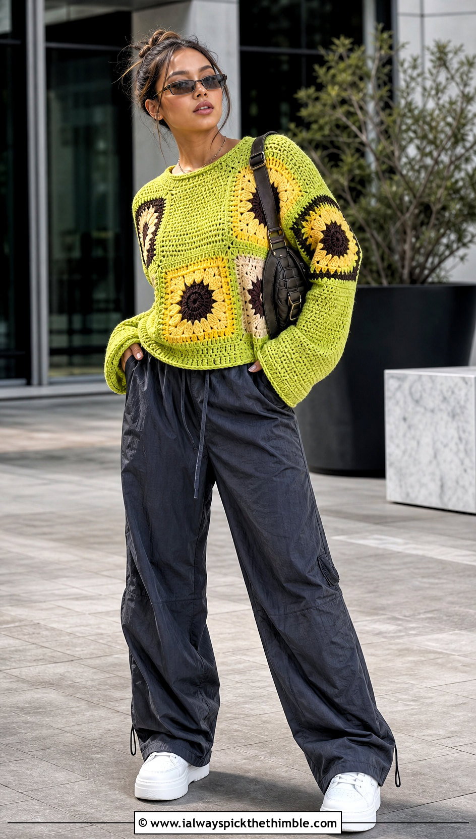 Sunflower Patchwork Sweater With Parachute Pants - 25 crochet sunflower sweater outfit ideas