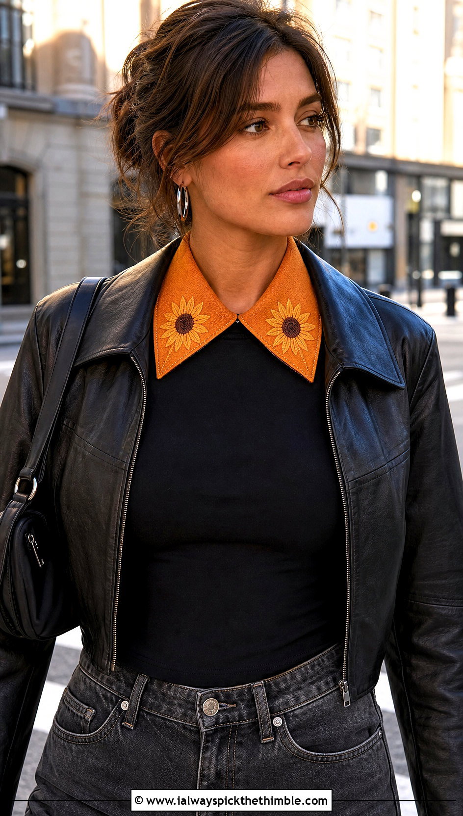 Sunflower Pointed Collar With Leather Jacket - 15 handmade floral crochet collar outfit ideas