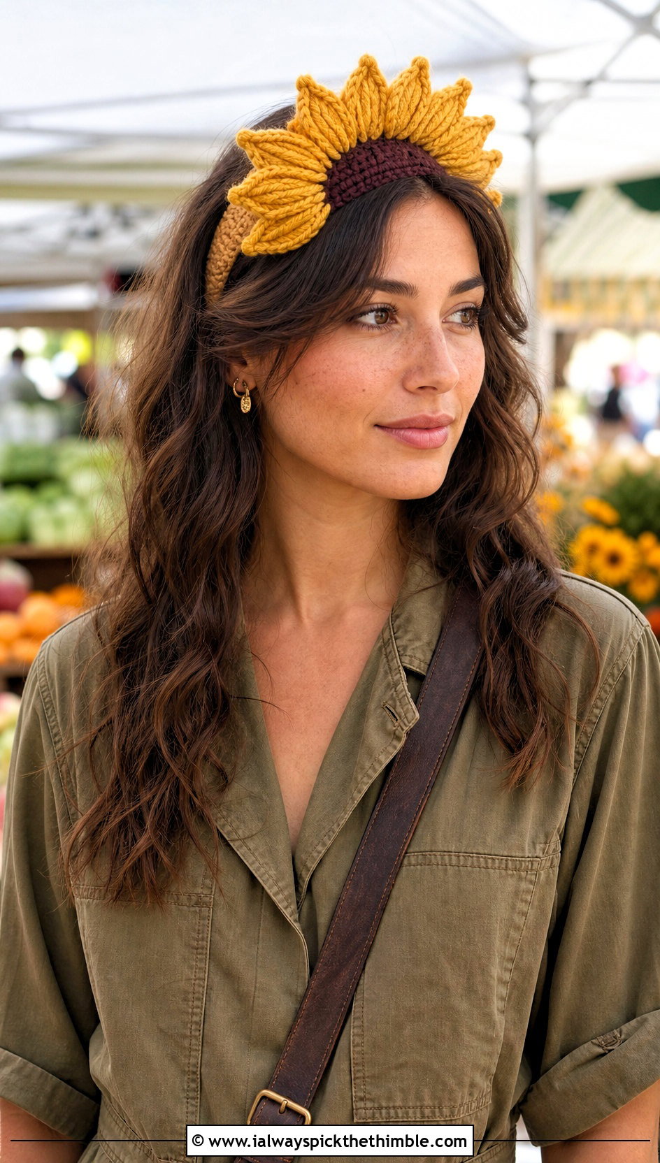 Sunflower Puff Flower Headband With Utility Jumpsuit - 20 crochet puff flower headband outfit ideas