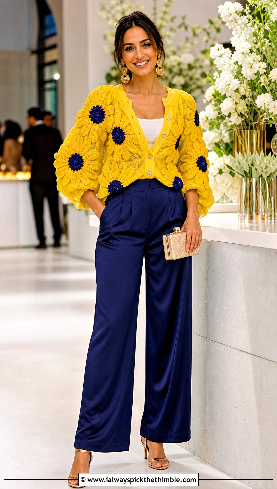 Sunflower Puff Sleeve Cardigan With Party Trousers - 25 crochet sunflower sweater outfit ideas