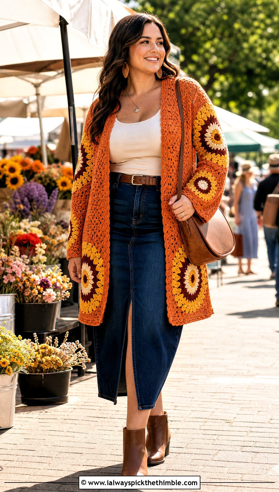 Sunflower Round Crochet Cardigan With Denim Midi Skirt - 25 round crochet cardigan outfit ideas