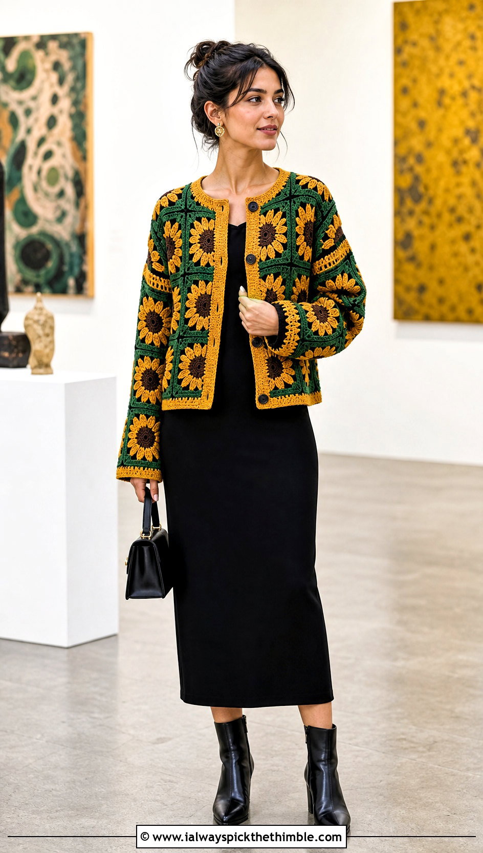 Sunflower Square Cardigan With Black Column Dress - 20 Crochet Cardigan From Square outfit ideas