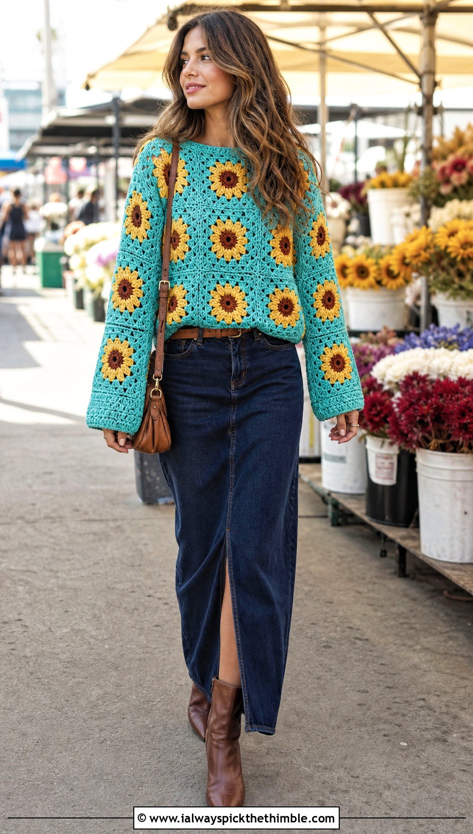 Sunflower Square Crochet Sweater With Denim Maxi Skirt - 20 Square Crochet Sweater outfit ideas