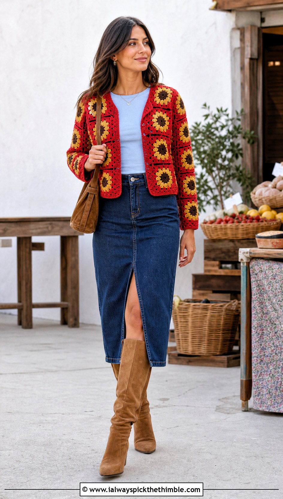 Sunflower Square Patch Crochet Cardigan With Denim Midi Skirt - 20 Square Patch Crochet Cardigan outfit ideas