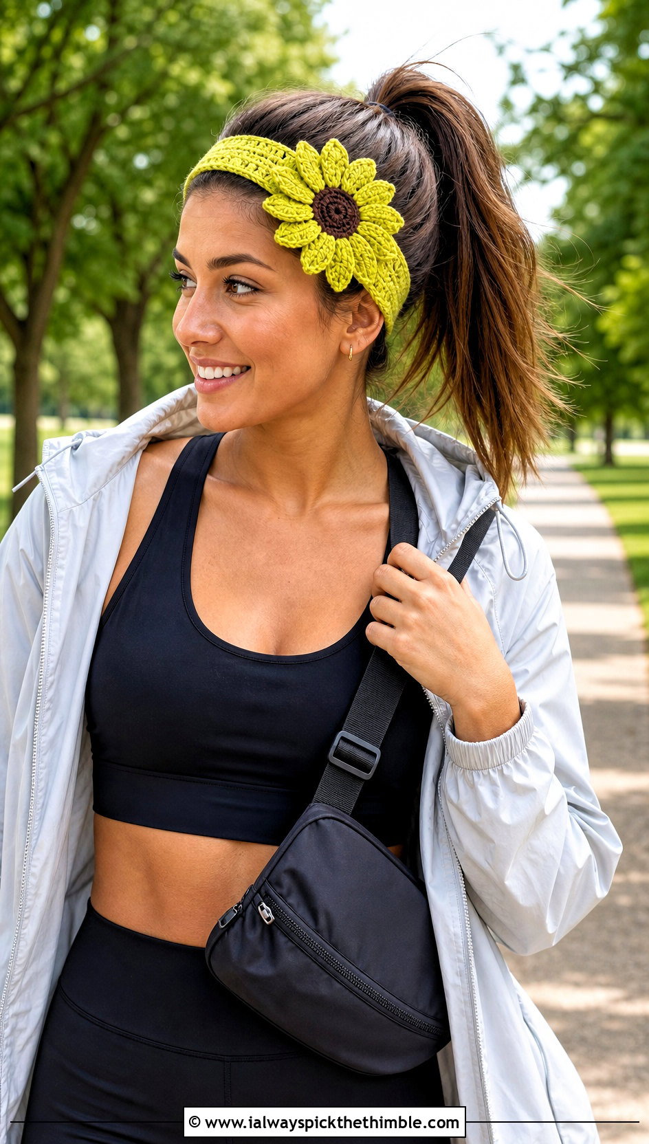 Sunflower Stretch Crochet Flower Headband With Activewear - 25 crochet flower headband outfit ideas
