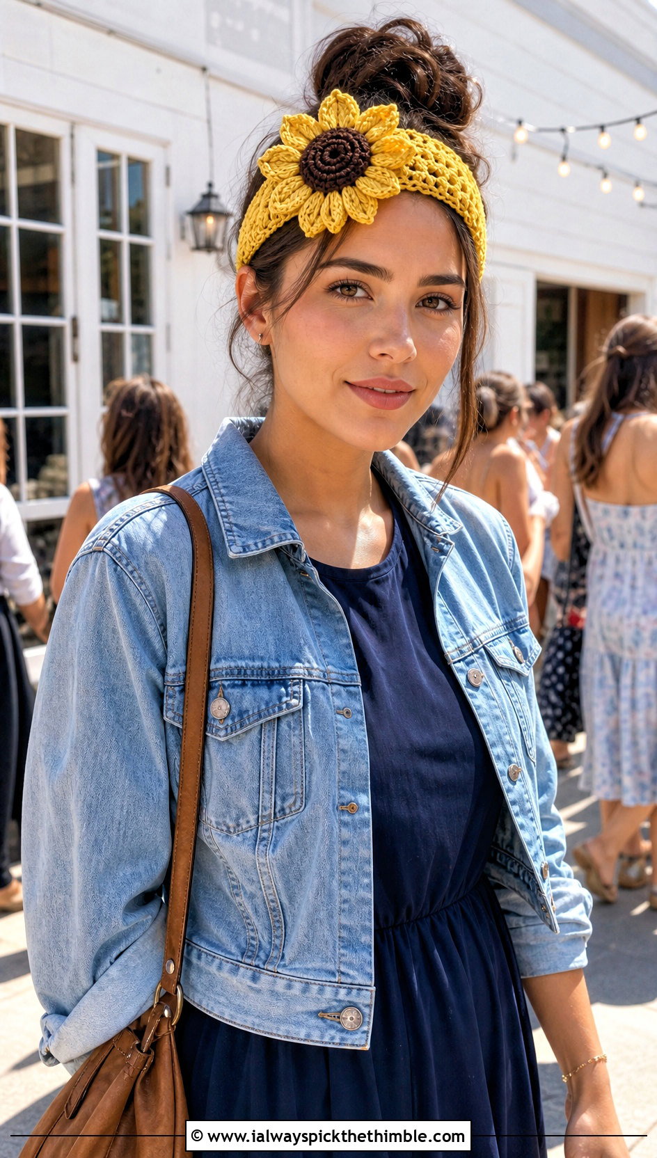 Sunflower Stretch Headband With Denim Jacket And Midi Dress - 15 crochet headband with flower design outfit ideas