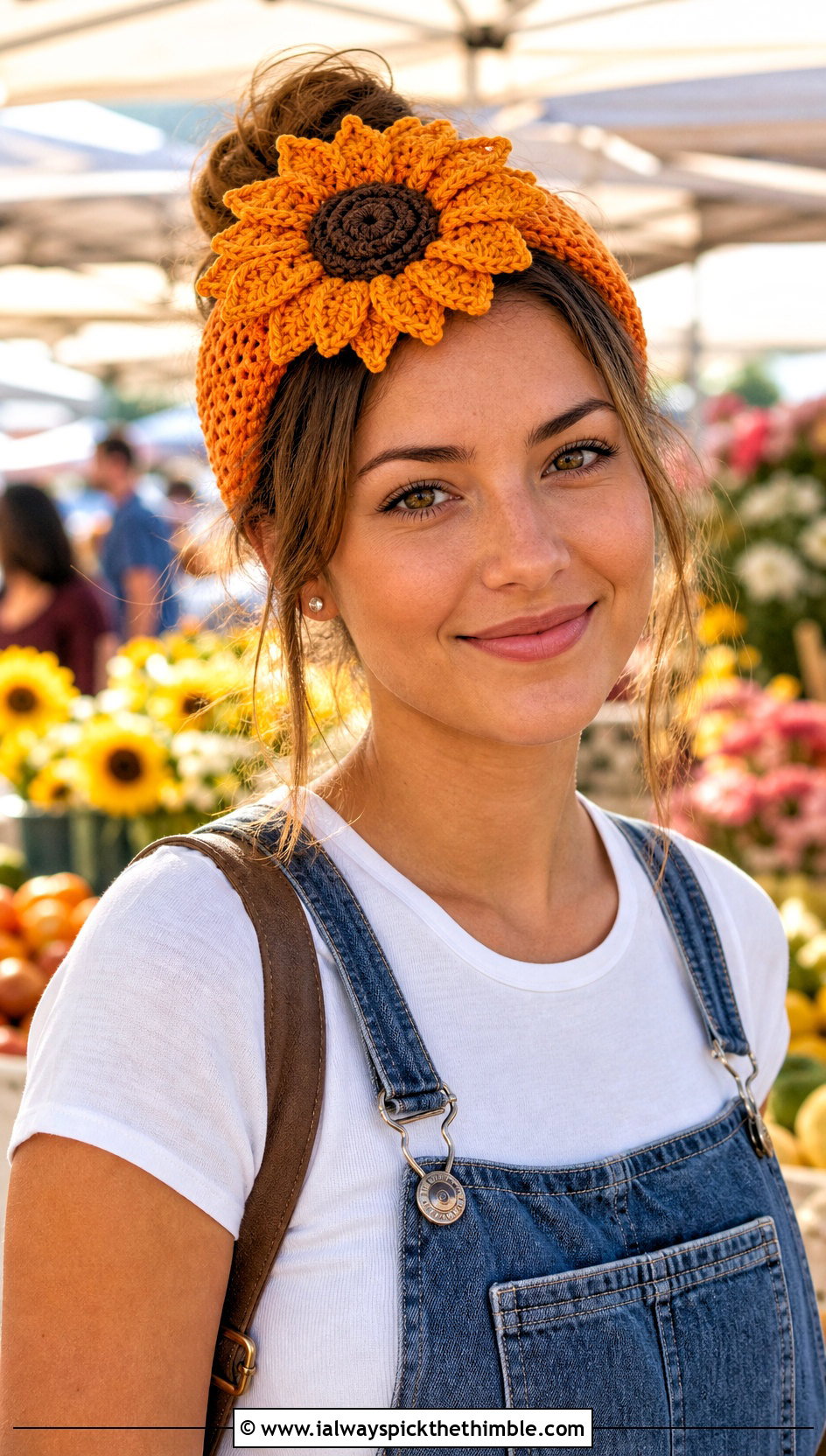 Sunflower Stretch Headband With Overalls And Sneakers - 20 crochet headband with flower outfit ideas