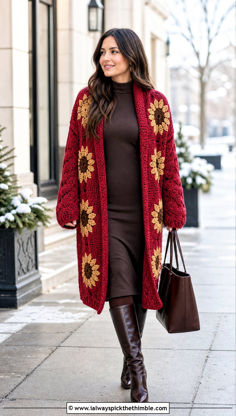 Sunflower Sweater Coat With Midi Dress And Boots - 25 crochet sunflower sweater outfit ideas