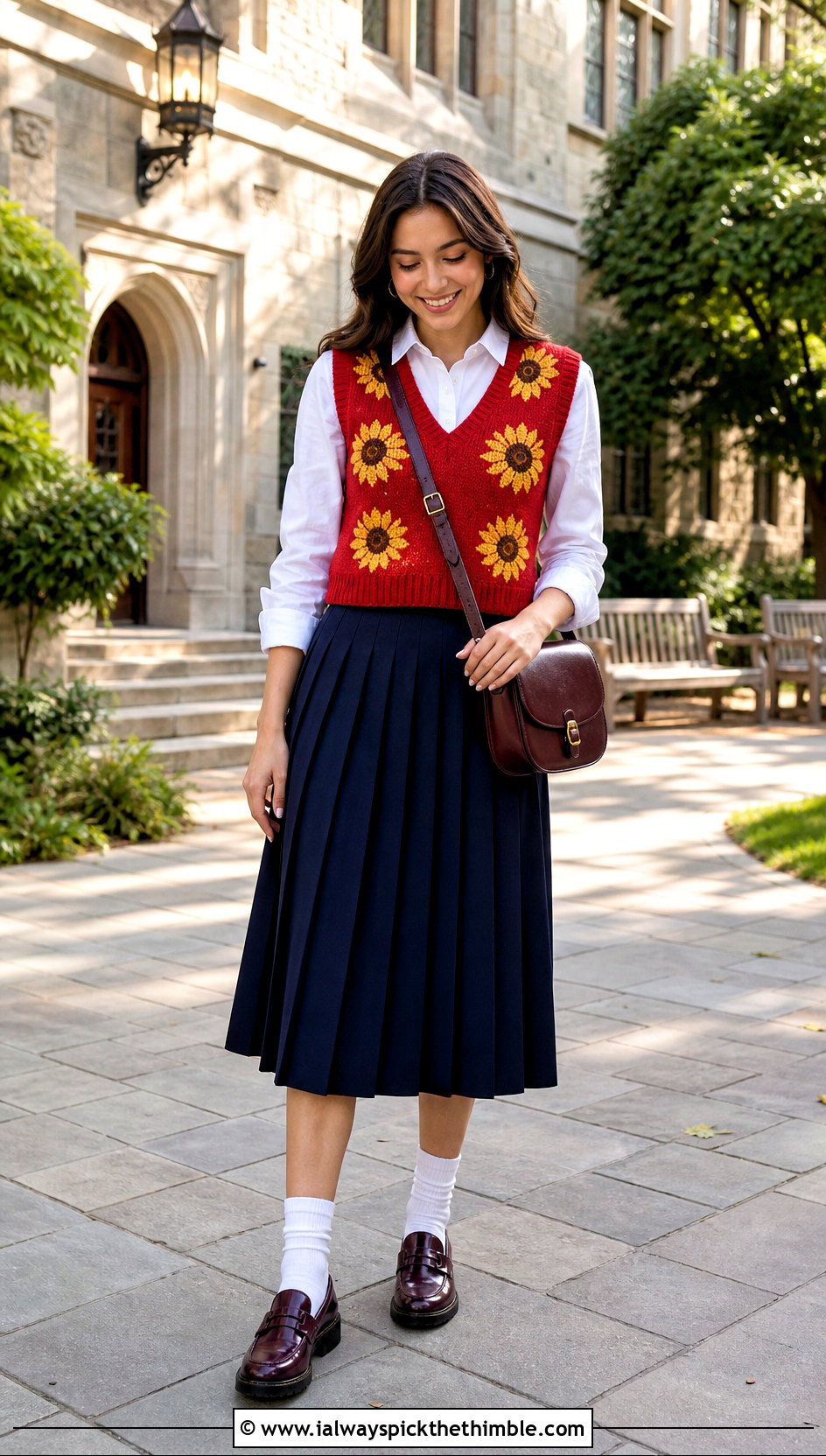 Sunflower Sweater Vest With White Shirt And Pleated Skirt - 25 crochet sunflower sweater outfit ideas