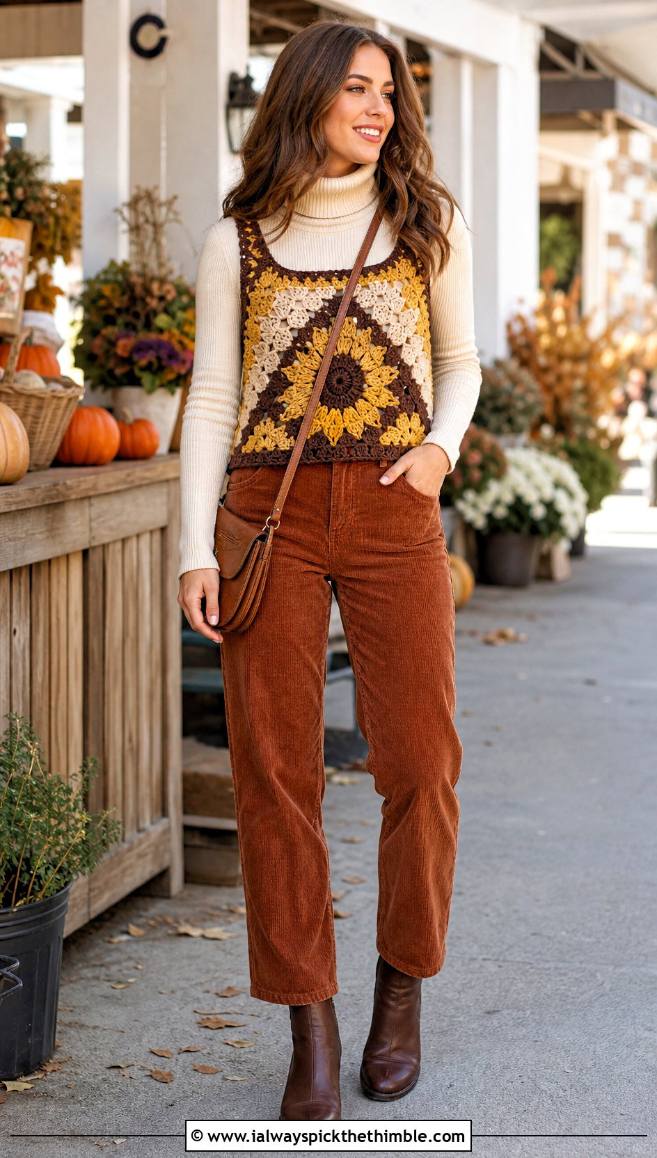 Sunflower Triangle Granny Square Top Over A Turtleneck - 20 triangle granny square top outfit ideas