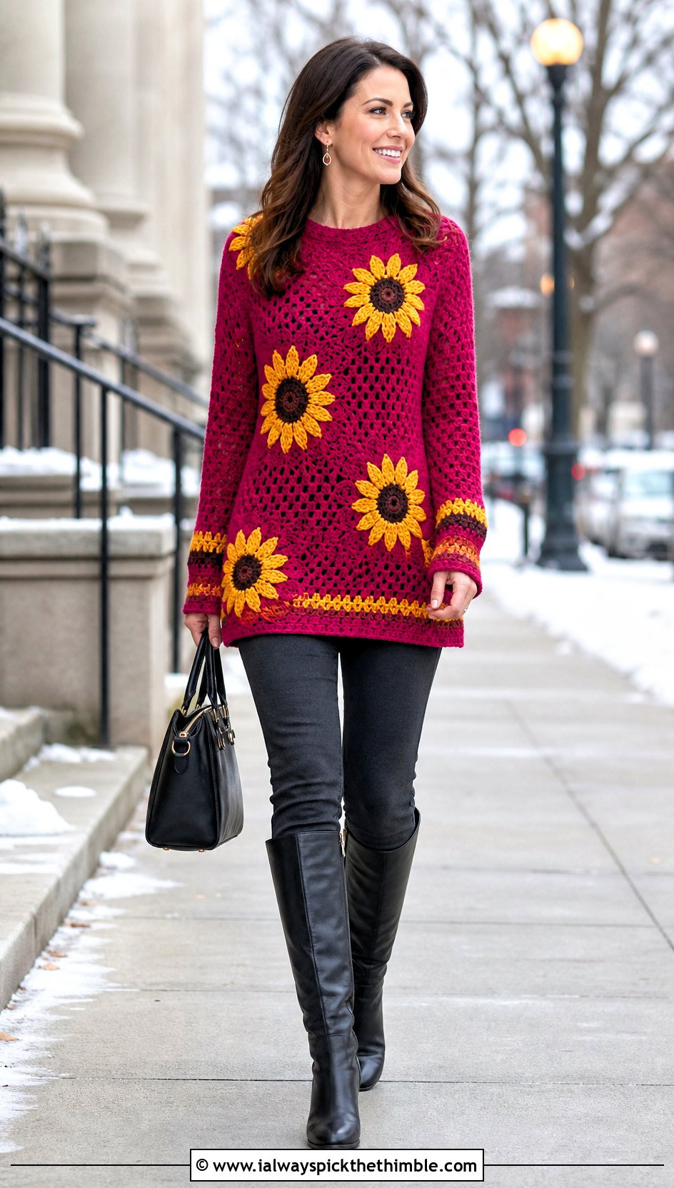 Sunflower Tunic Sweater With Knee High Boots - 25 crochet sunflower sweater outfit ideas
