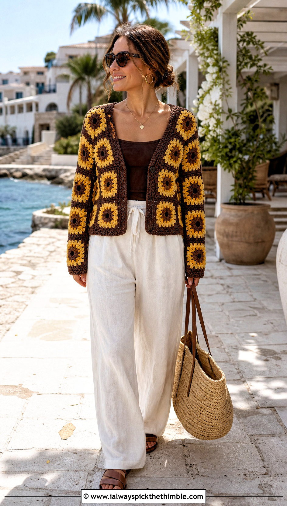 Sunflower Two Color Granny Square Cardigan With Linen Pants - 20 Two Granny Square Cardigan outfit ideas