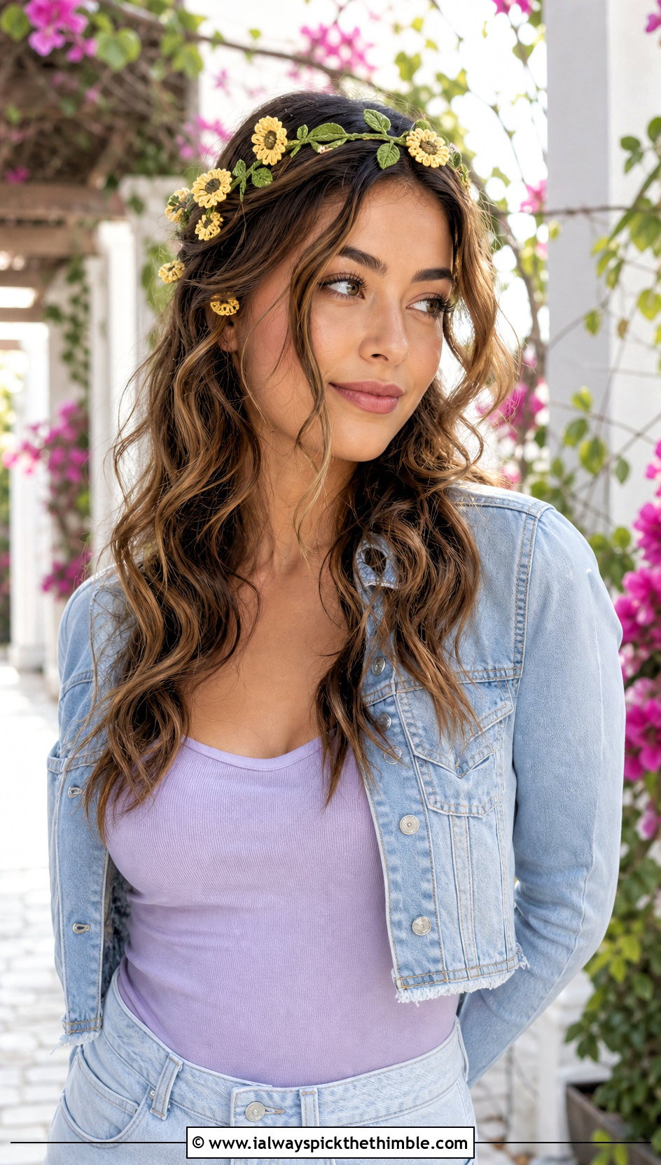 Sunflower Vine Crochet Headband With Floral Midi Skirt - 20 Crochet Sunflower Headband outfit ideas