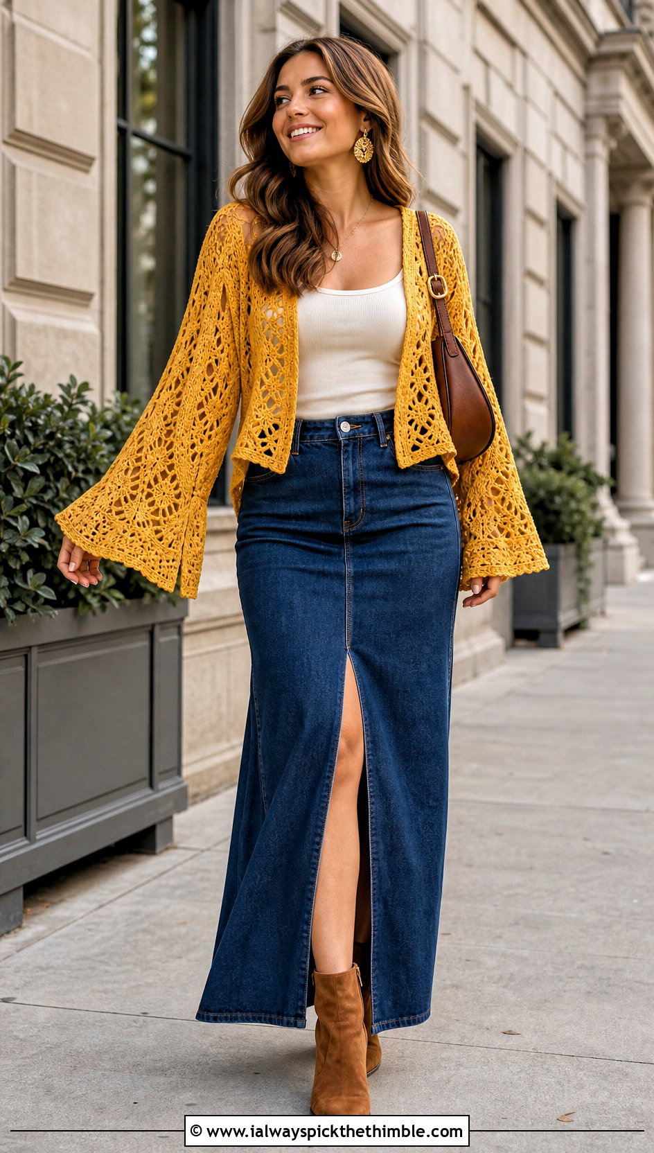 Sunflower Yellow Bell Sleeve Lace Crochet Sweater With Denim Maxi Skirt - 15 Yellow Lace Crochet Sweater outfit ideas