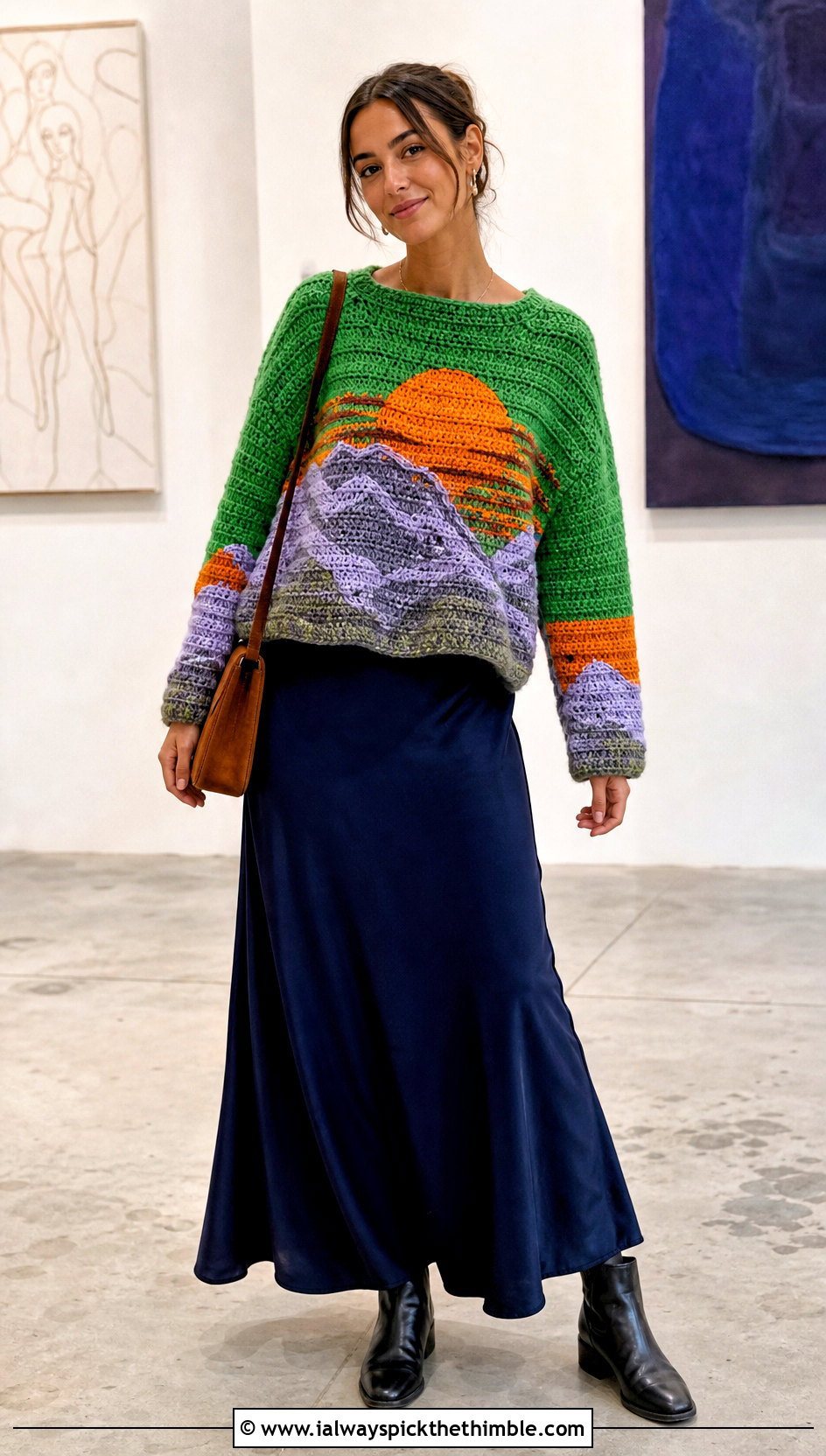 Sunset Mountain Sweater Over A Slip Dress - 15 Crochet Mountain Sweater outfit ideas