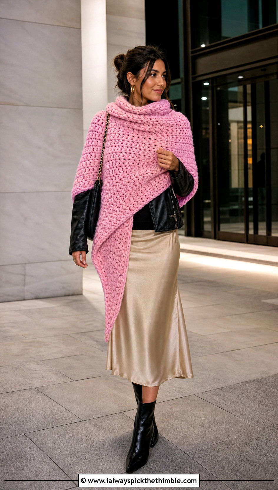 Super Bulky Asymmetrical Crochet Shawl With Leather Jacket - 15 Super Bulky Crochet Shawl outfit ideas
