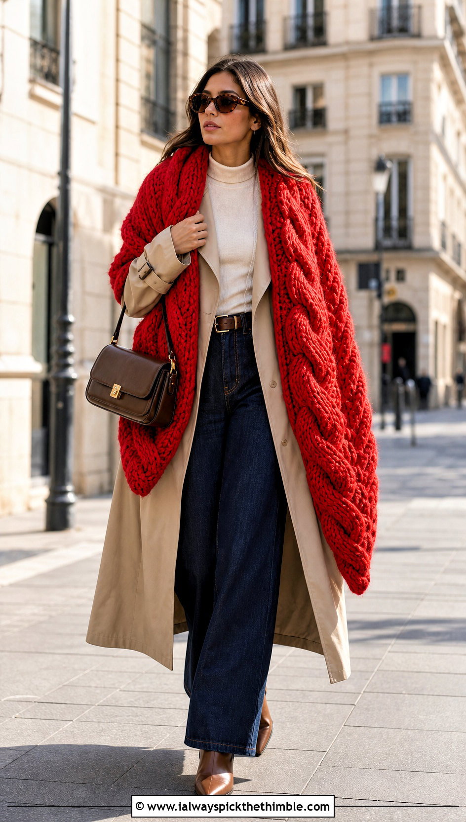 Super Bulky Cable Crochet Shawl With Trench Coat - 15 Super Bulky Crochet Shawl outfit ideas