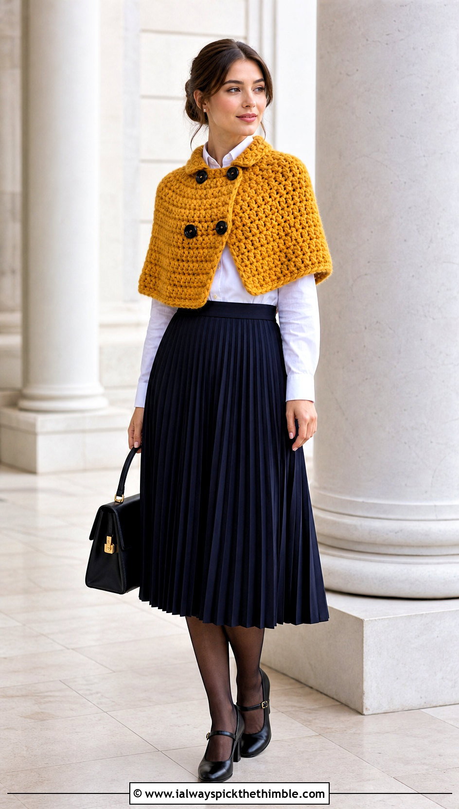 Super Bulky Capelet Crochet Shawl With Pleated Midi Skirt - 15 Super Bulky Crochet Shawl outfit ideas