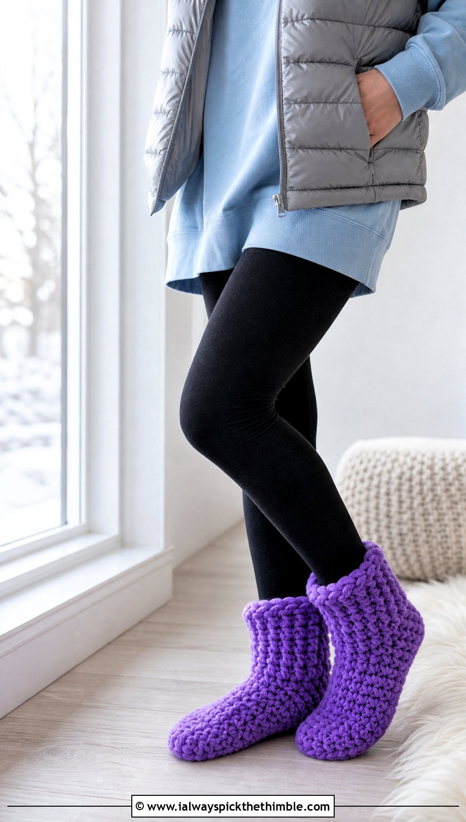 Super Bulky Crocheted Slipper Socks With Puffer Vest - 15 Crocheted Slipper Socks outfit ideas
