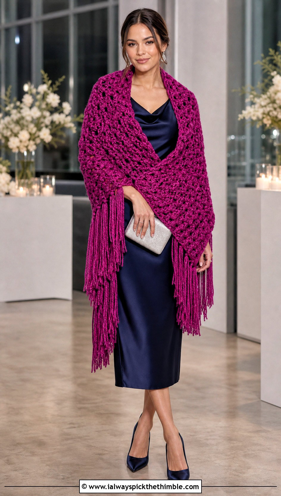 Super Bulky Fringe Crochet Shawl With Satin Midi Dress - 15 Super Bulky Crochet Shawl outfit ideas